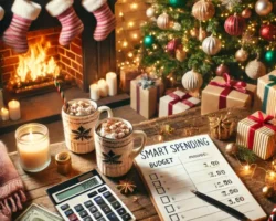 christmas spending budgeting in front of a fire place