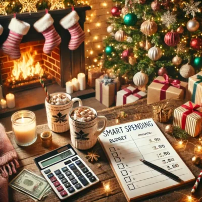 christmas spending budgeting in front of a fire place