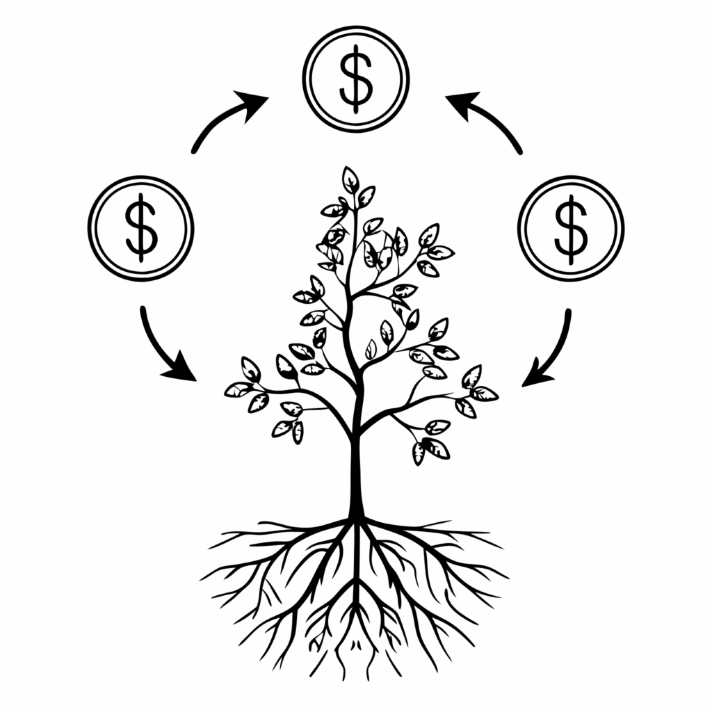 A black and white line drawing of a tree with deep roots, representing a strong financial foundation. Above the tree, three dollar-sign coins connected by arrows form a cycle, symbolizing the growth and management of money.