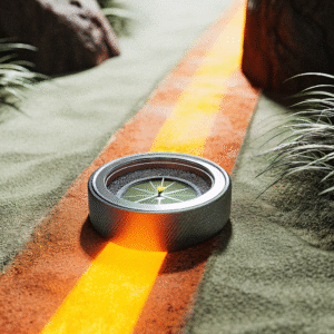 A futuristic, minimalist compass in Empower2Free's orange, yellow, and grey. It emits a glowing, abstract pathway, symbolizing clear financial guidance and empowerment through AI.
