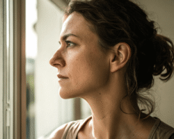 A woman in a thoughtful profile view, illuminated by warm light. Her pensive expression represents the process of reflecting on and challenging the 'invisible societal scripts' surrounding women and finance