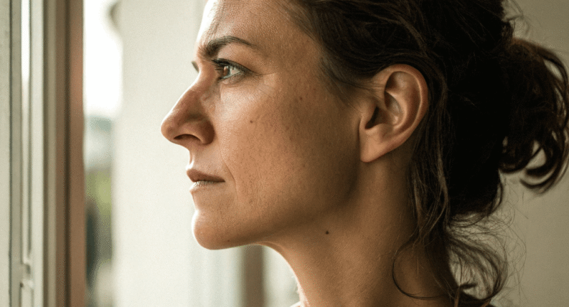 A woman in a thoughtful profile view, illuminated by warm light. Her pensive expression represents the process of reflecting on and challenging the 'invisible societal scripts' surrounding women and finance