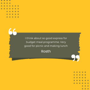 A testimonial graphic from Empower2Free. On a yellow background with grey dot patterns, a quote reads: "I think about so good express for budget meal programme. Very good for picnic and making lunch". The quote is attributed to Rosth.