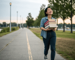 A smiling young woman walks outdoors while carrying a tall stack of books.