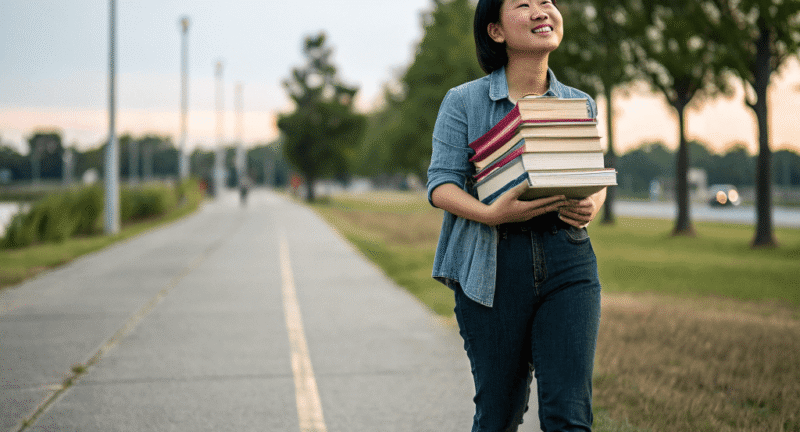 A smiling young woman walks outdoors while carrying a tall stack of books.