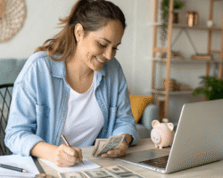 A smiling woman sits at a desk, counting money and writing in a notebook. A laptop and a small piggy bank are on the desk.