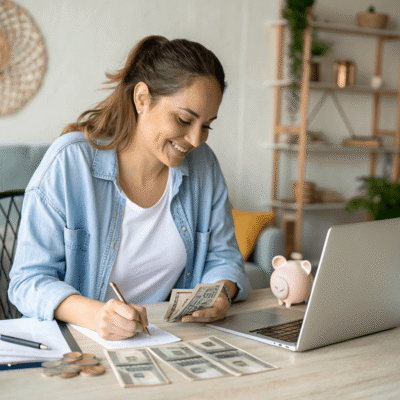 A smiling woman sits at a desk, counting money and writing in a notebook. A laptop and a small piggy bank are on the desk.