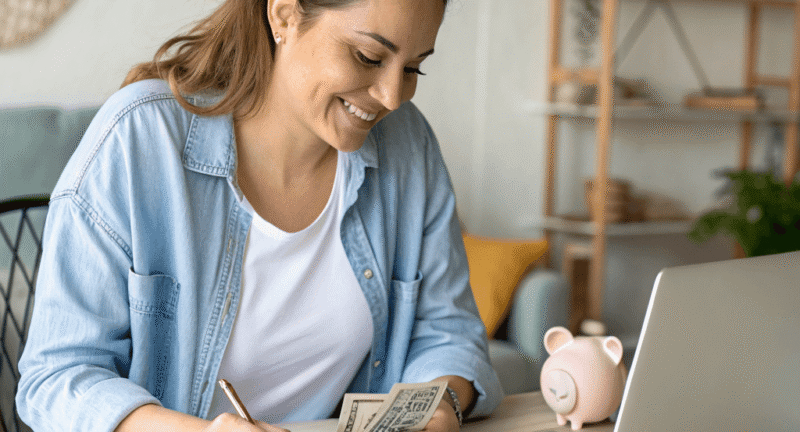 A smiling woman sits at a desk, counting money and writing in a notebook. A laptop and a small piggy bank are on the desk.