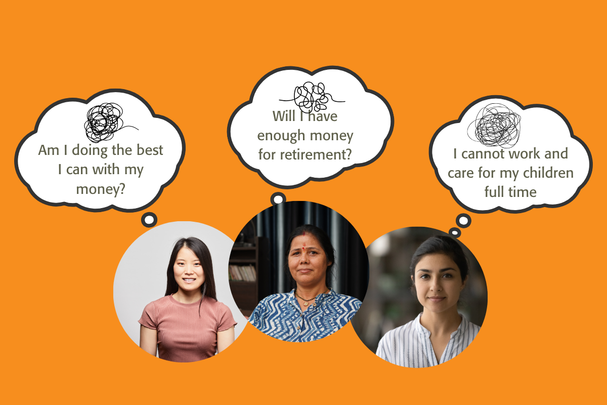 Empower2Free's Let's Talk Money program, a 4-session money circle for women in Singapore. The image shows three diverse women with thought bubbles addressing common financial concerns: "Am I doing the best I can with my money?", "Will I have enough money for retirement?", and "I cannot work and care for my children full time."