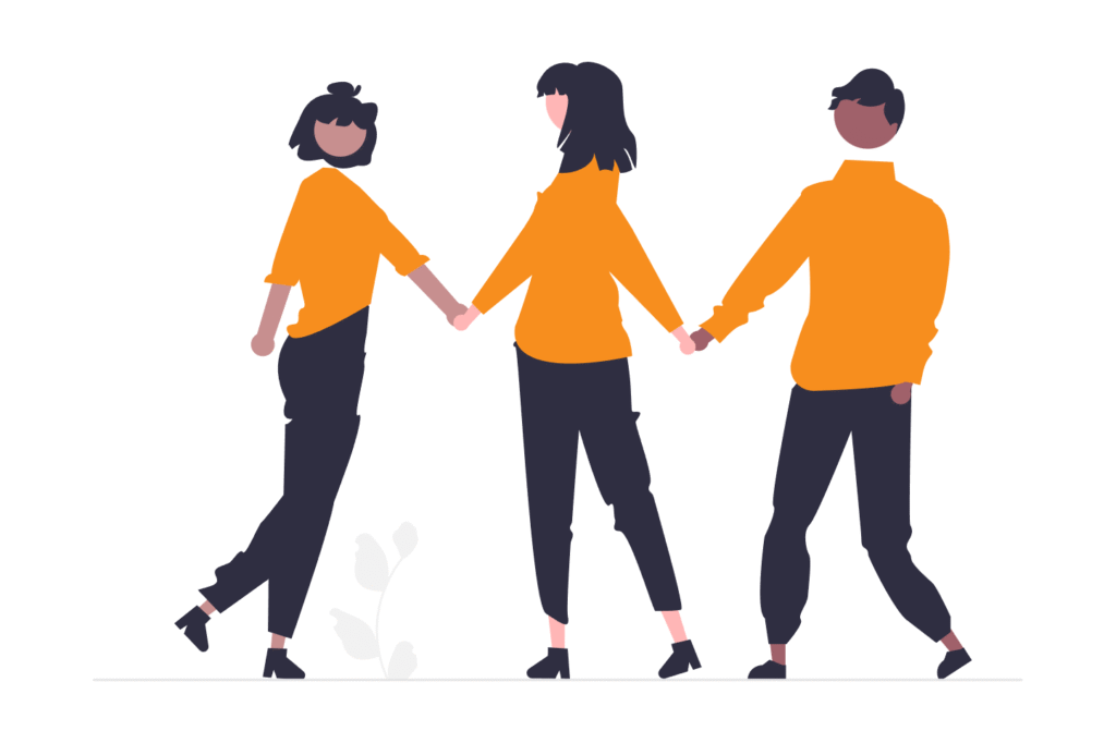 Illustration of young people holding hands, representing the supportive environment for learning about money, family, and boundaries.