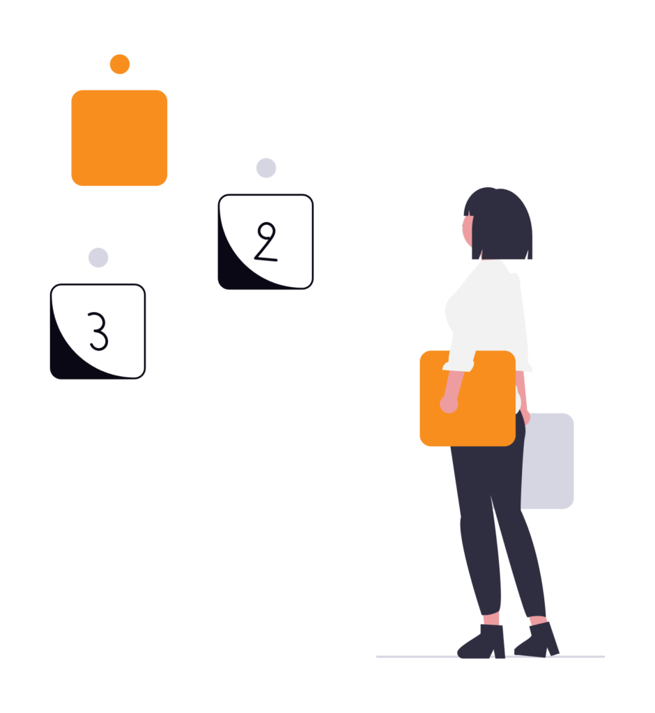 A woman standing before a wall with numbered steps 2 and 3, holding an orange folder, representing a structured plan for financial growth.