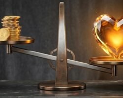 A photograph of a vintage brass balance scale. On the left pan is a small stack of gold coins. On the right, a large, faceted, intensely glowing amber crystalline heart, which is heavier and tilting the scale down. The items rest on a dark marble pedestal against a dramatic dark drape background.
