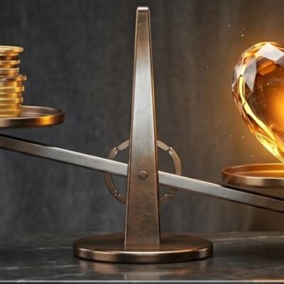 A photograph of a vintage brass balance scale. On the left pan is a small stack of gold coins. On the right, a large, faceted, intensely glowing amber crystalline heart, which is heavier and tilting the scale down. The items rest on a dark marble pedestal against a dramatic dark drape background.