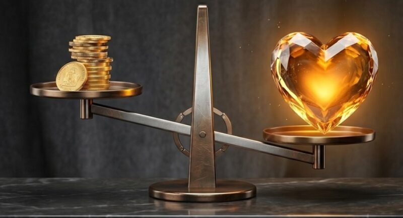 A photograph of a vintage brass balance scale. On the left pan is a small stack of gold coins. On the right, a large, faceted, intensely glowing amber crystalline heart, which is heavier and tilting the scale down. The items rest on a dark marble pedestal against a dramatic dark drape background.