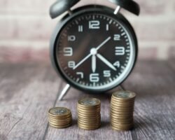 Three growing stacks of coins in front of a blurred vintage alarm clock, illustrating the concept of money versus time.