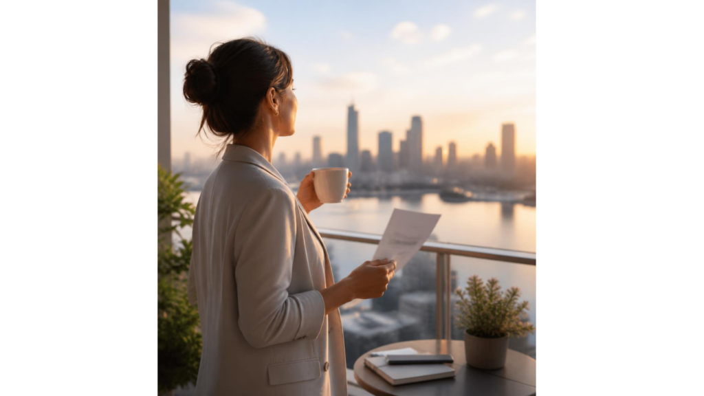 A person in business attire holding a warm drink and document, looking out at a city skyline at sunrise.