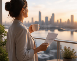 Empower2Free Financial Clarity Mindfulness A person in business attire holding a warm drink and document, looking out at a city skyline at sunrise.