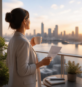 A person in business attire holding a warm drink and document, looking out at a city skyline at sunrise.
