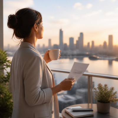 A person in business attire holding a warm drink and document, looking out at a city skyline at sunrise.