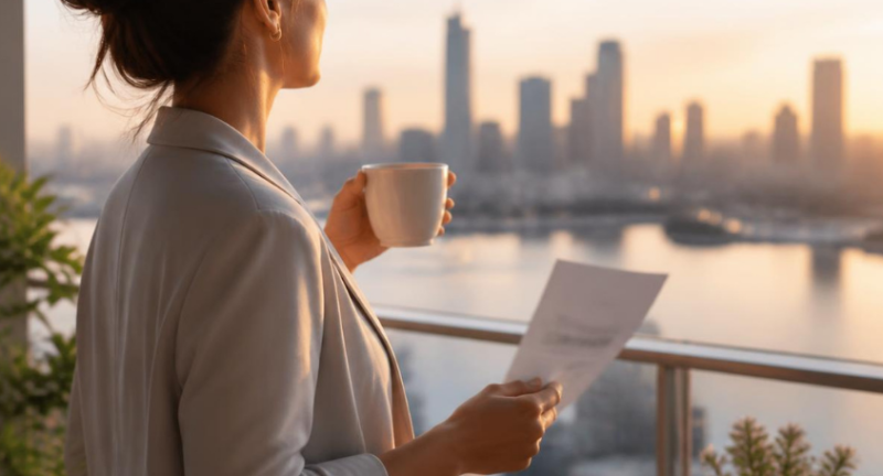 A person in business attire holding a warm drink and document, looking out at a city skyline at sunrise.