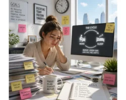 A tired person sitting at a desk surrounded by sticky notes and paperwork, reflecting on work burnout and financial goals.