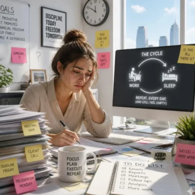 A tired person sitting at a desk surrounded by sticky notes and paperwork, reflecting on work burnout and financial goals.
