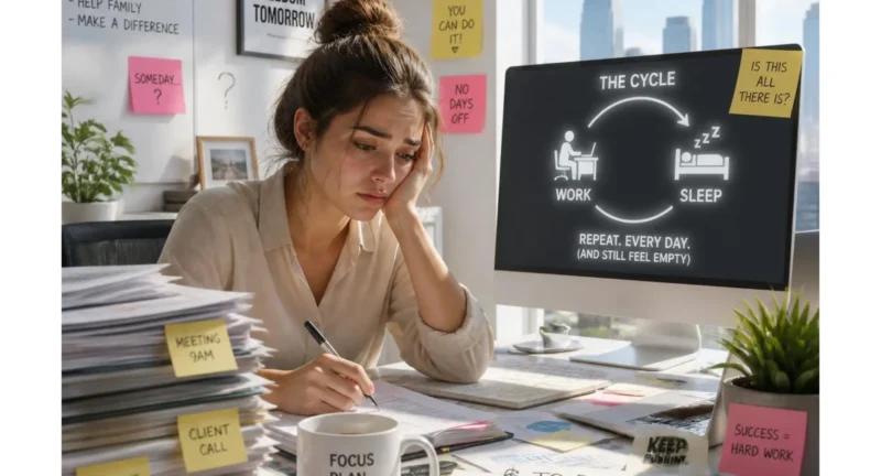 A tired person sitting at a desk surrounded by sticky notes and paperwork, reflecting on work burnout and financial goals.