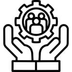 Line icon of hands supporting a mechanical gear surrounding people, symbolising collaborative service delivery.