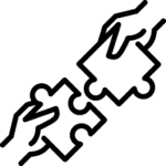 Icon of two hands connecting puzzle pieces, representing cross-sector partnerships and collaboration.